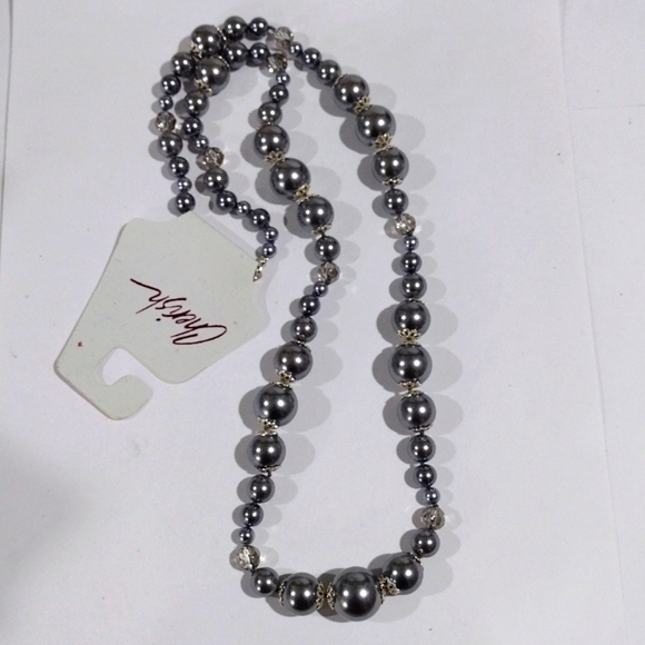 Cherish Elegant Silver tone & Grey Beads Long Necklace - Women's Fashion Jewelry - Picture 3 of 7